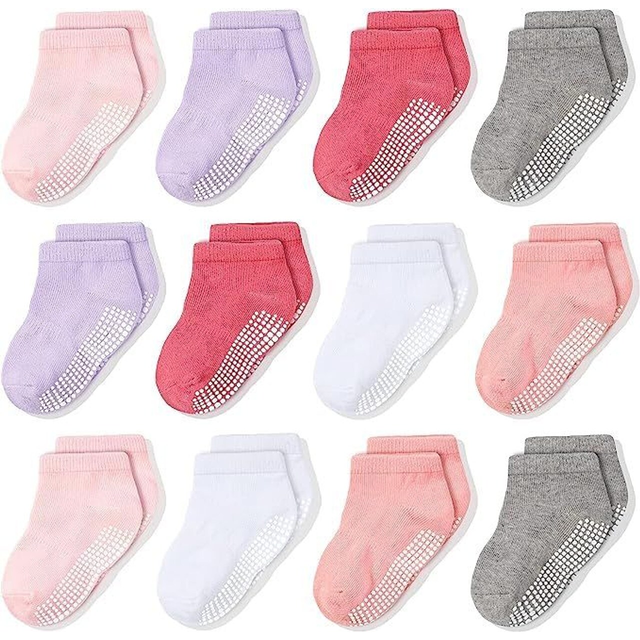 CozyWay Toddler Socks with Grippers - Non-Slip Grip for Toddler Girl Socks - Soft Cotton Blend Comfort - Low-Cut Elastic Cuffs on Ankle Style - 3T-5T, Pink White & Gray - Pack of 12